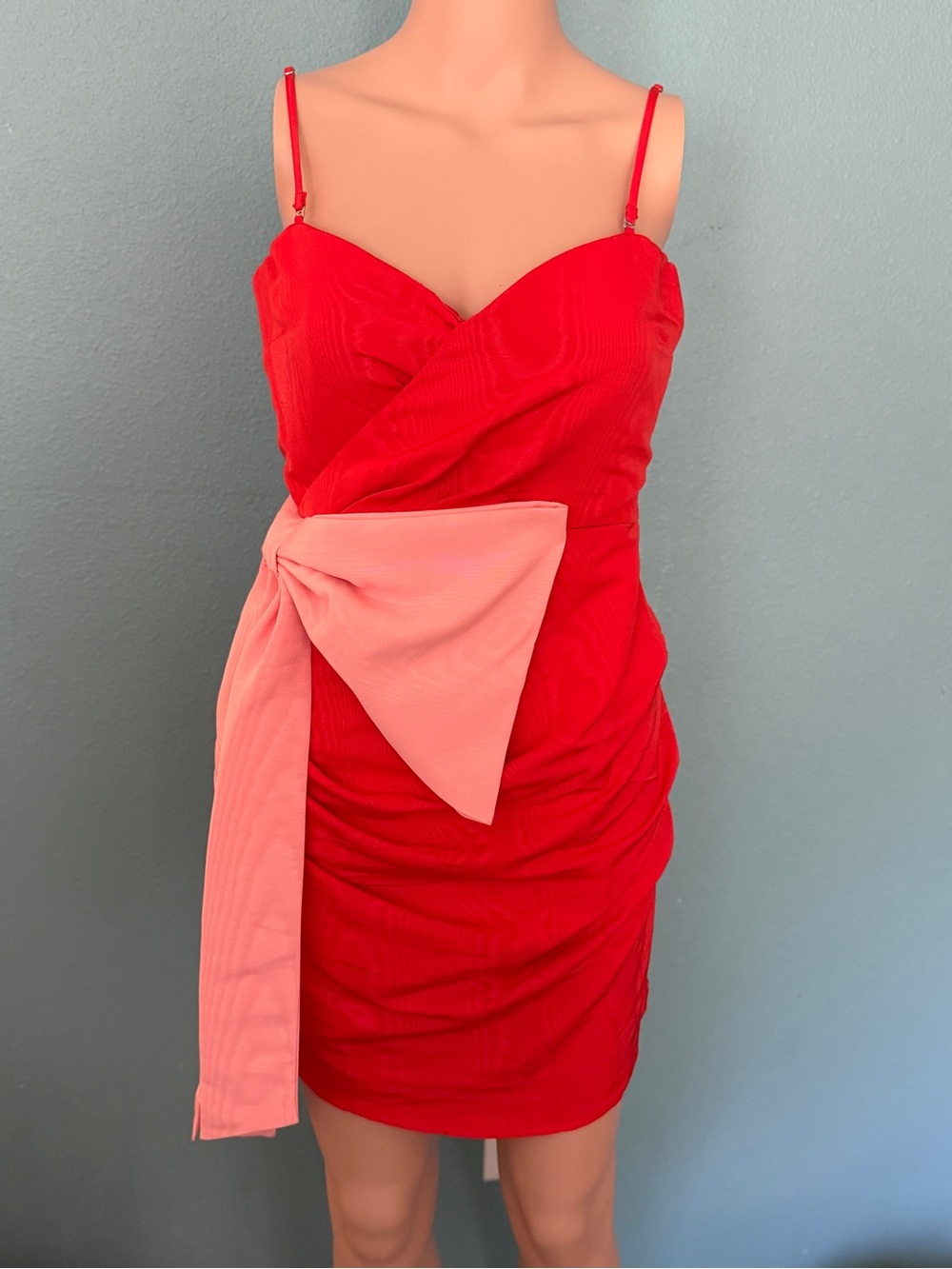 Red Spaghetti-Strap Mini Dress with Pink Bow